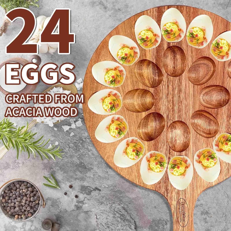 Erwuldor Acacia Wood Deviled Egg Platter,24 Holes Deviled Egg Tray.Round Deviled Egg Holder for Deviled Eggs.Charcuterie Board Easter Deviled Egg Carrier for Kitchen Countertops - Image 2